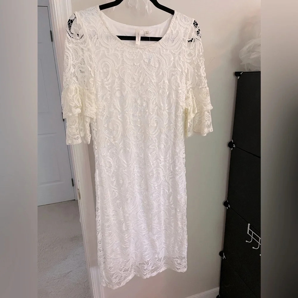 TACERA Ivory dress L w/sheer arm & hem Double bell sleeves NWT knee length